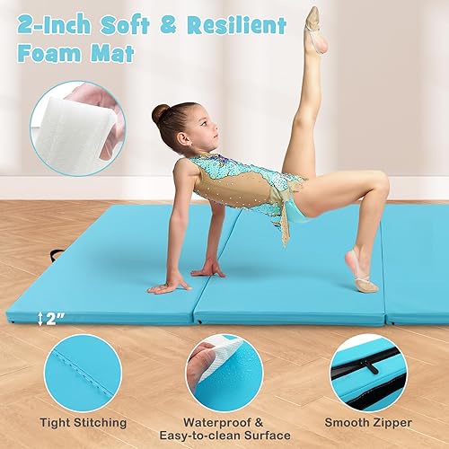 Vista 158 de Giantex 4'x10'x 2" Gymnastics Mat, 4-Panel Folding Aerobics Exercise Mat w/Hook & Loop Fastener, Carrying Handle, Portable Tumbling Mat for
