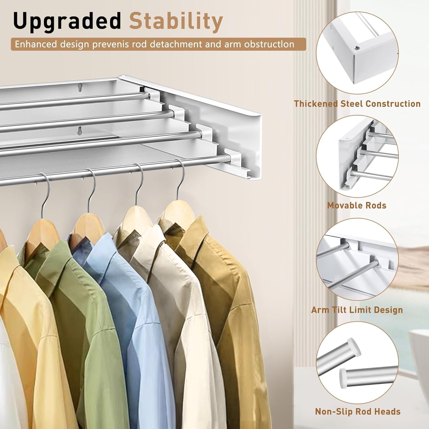 Upgrade Laundry Drying Rack - Collapsible, Wall Mounted, Retractable, 31.5" Wide, 13.2 Linear Ft, 5 Aluminum Rods (White 31.5" with 5 Hooks)