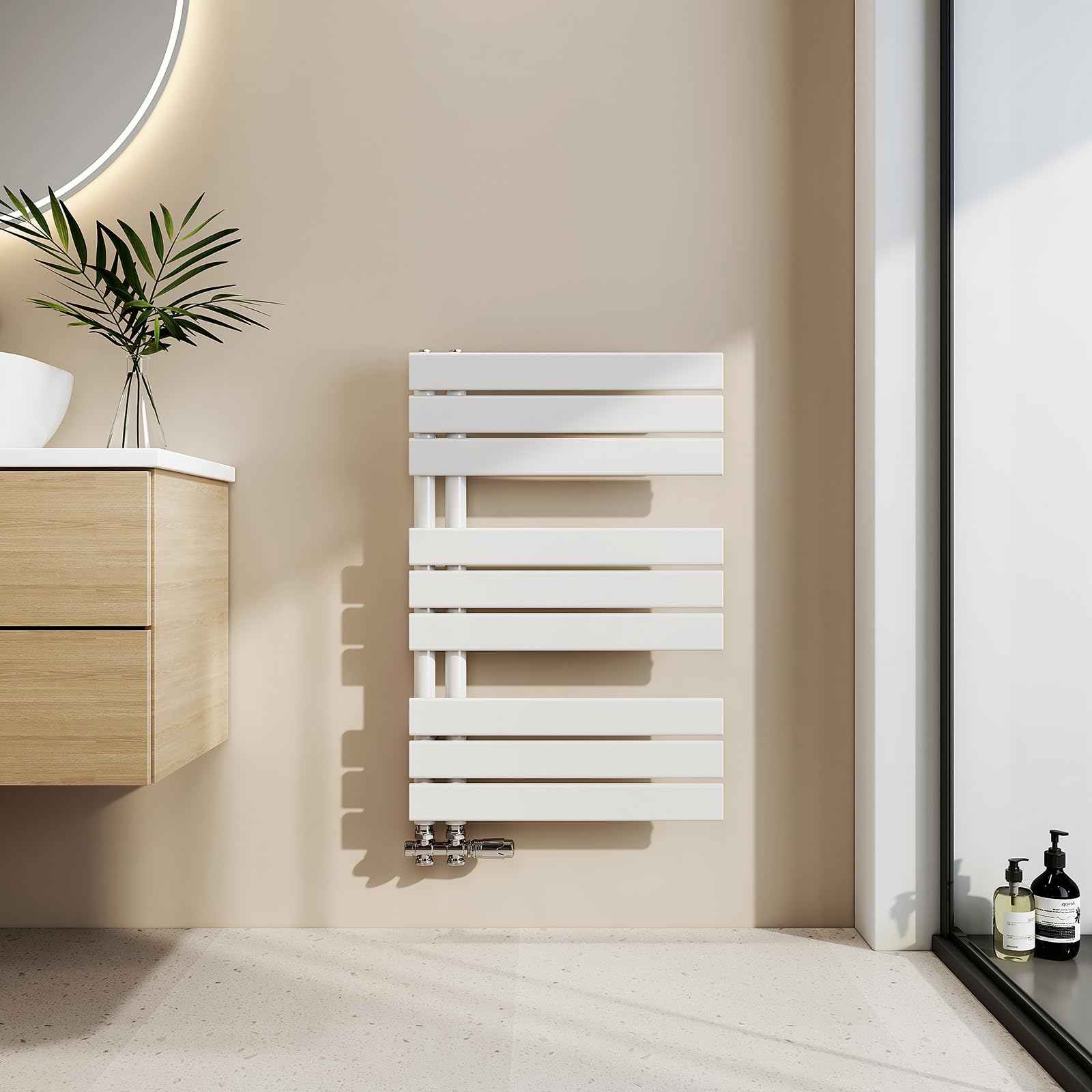 EMKE Sèche-Serviettes à Eau Chaude 762 x 500 mm Blanc, 397 W | Radiateur de Salle de Bain pour Chauffage Central, Raccordement Latéral, Porte-Serviettes Mural Design Moderne