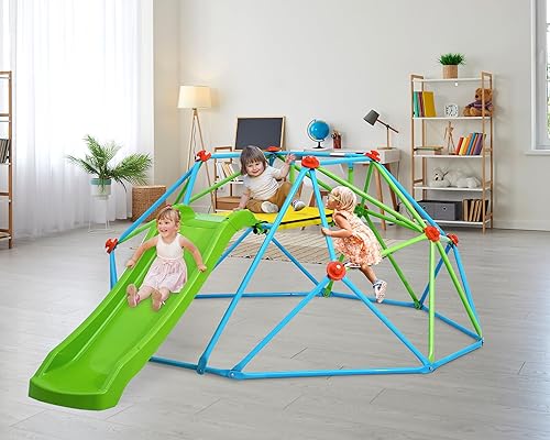 Vista 7 de Zupapa Cúpula de escalada con tobogán, barra de mono de gimnasio de la selva de 8 pies para patio trasero, carga máxima de 440 libras, marco