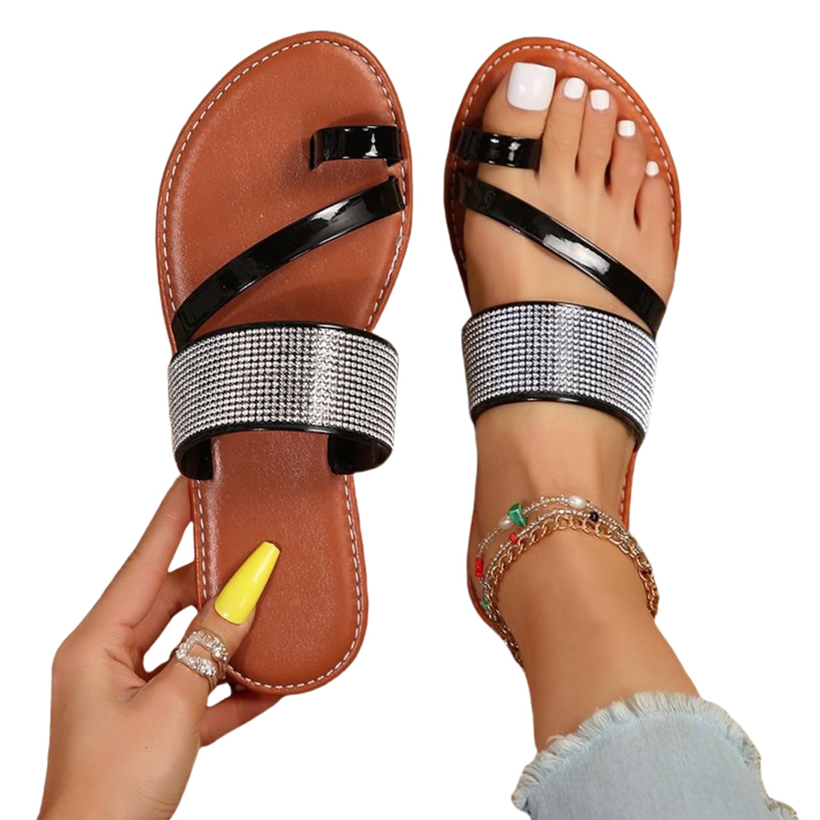 Women's Rhinestone Flat Sandals Flip Flops Clip Toe Ring Rhinestone Crystal Sandal Shoes for Summer Beach Oceanside Holiday Outdoor