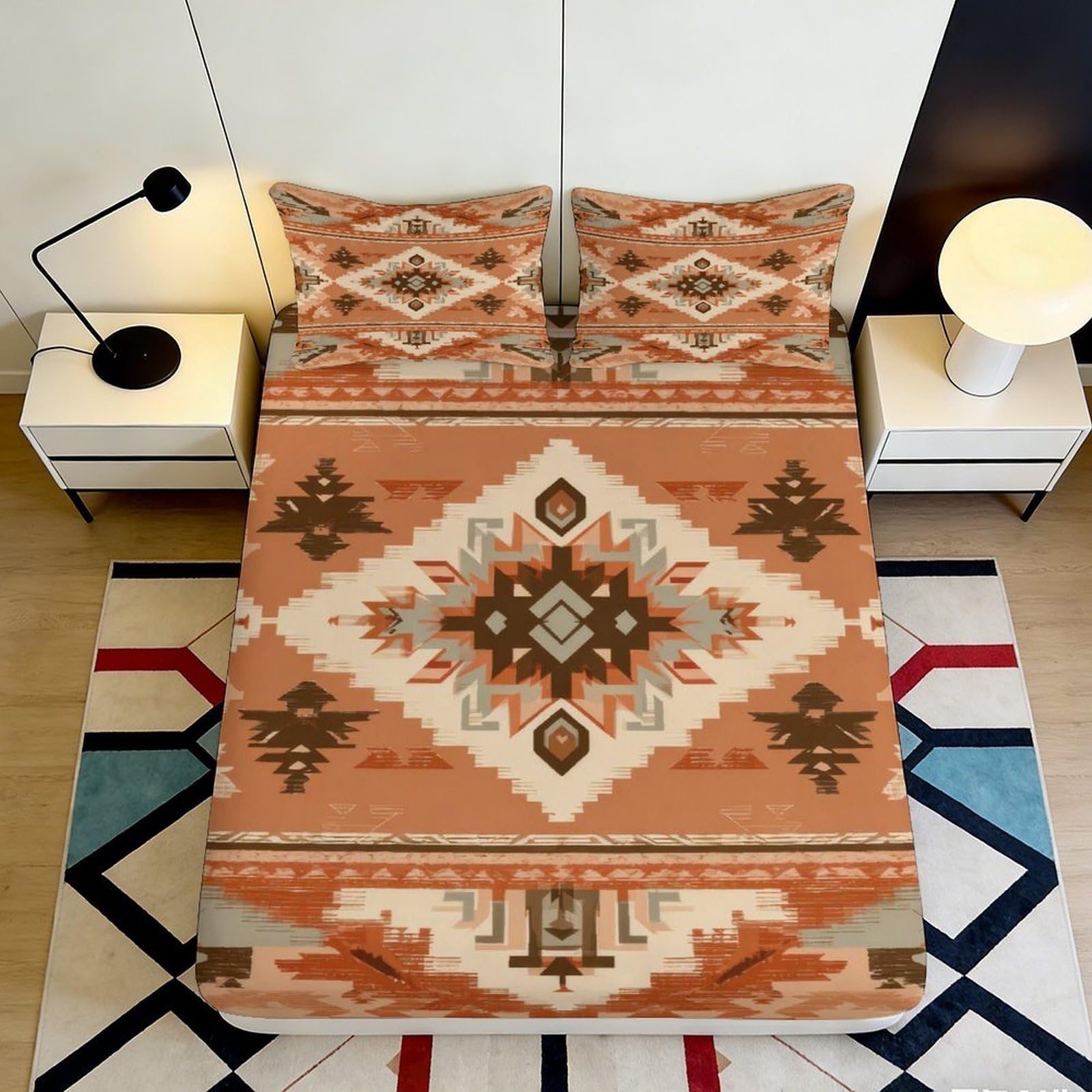 3D Printed Boho Aztec Fitted Sheet Microfiber Soft Breathable Geometric Tribal Mattress Cover for Bedroom Dorm Decor 140x200x25cm