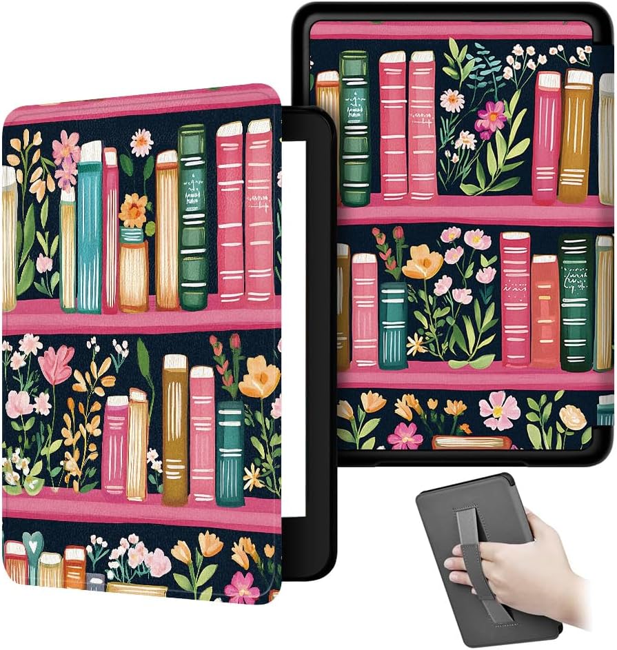 Case for All-New 6" Kindle (11th Generation, 2022/2024 Release), Lightweight PU Leather e-Reader Cover with Auto Wake/Sleep, Hand Strap Feature, Book Lovers Gifts (Floral Bookshelf)