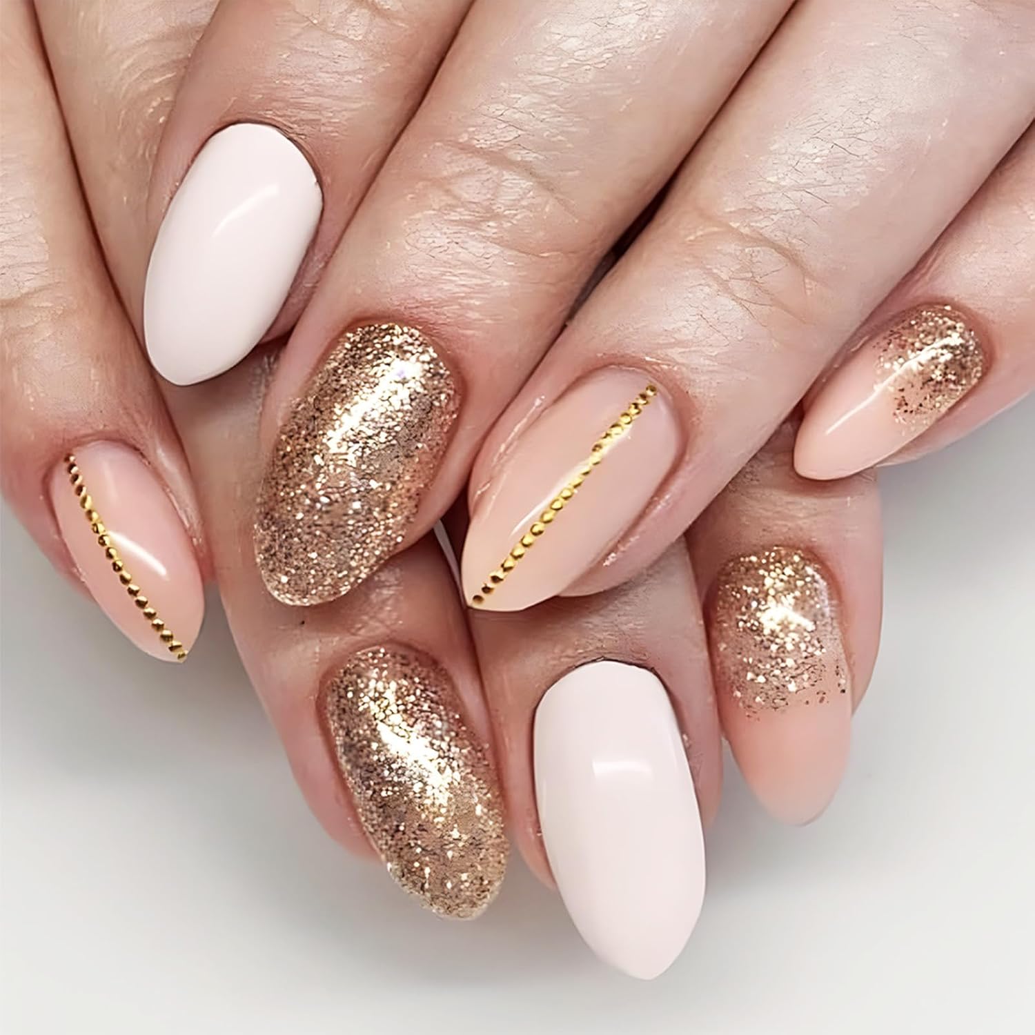 24 Pcs Gold Glitter Line Press on Nails Glitter Gradient