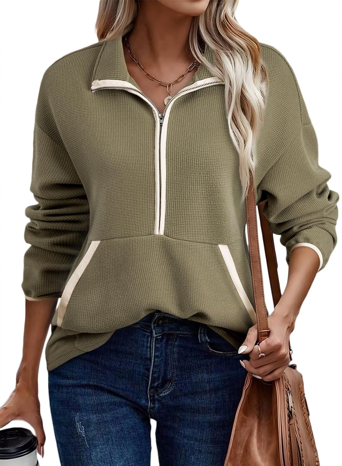 SHEWIN Womens Sweatshirt Lightweight V Neck Sweatshirts for Women Half Zip Pullover Fall Clothes for Women 2025