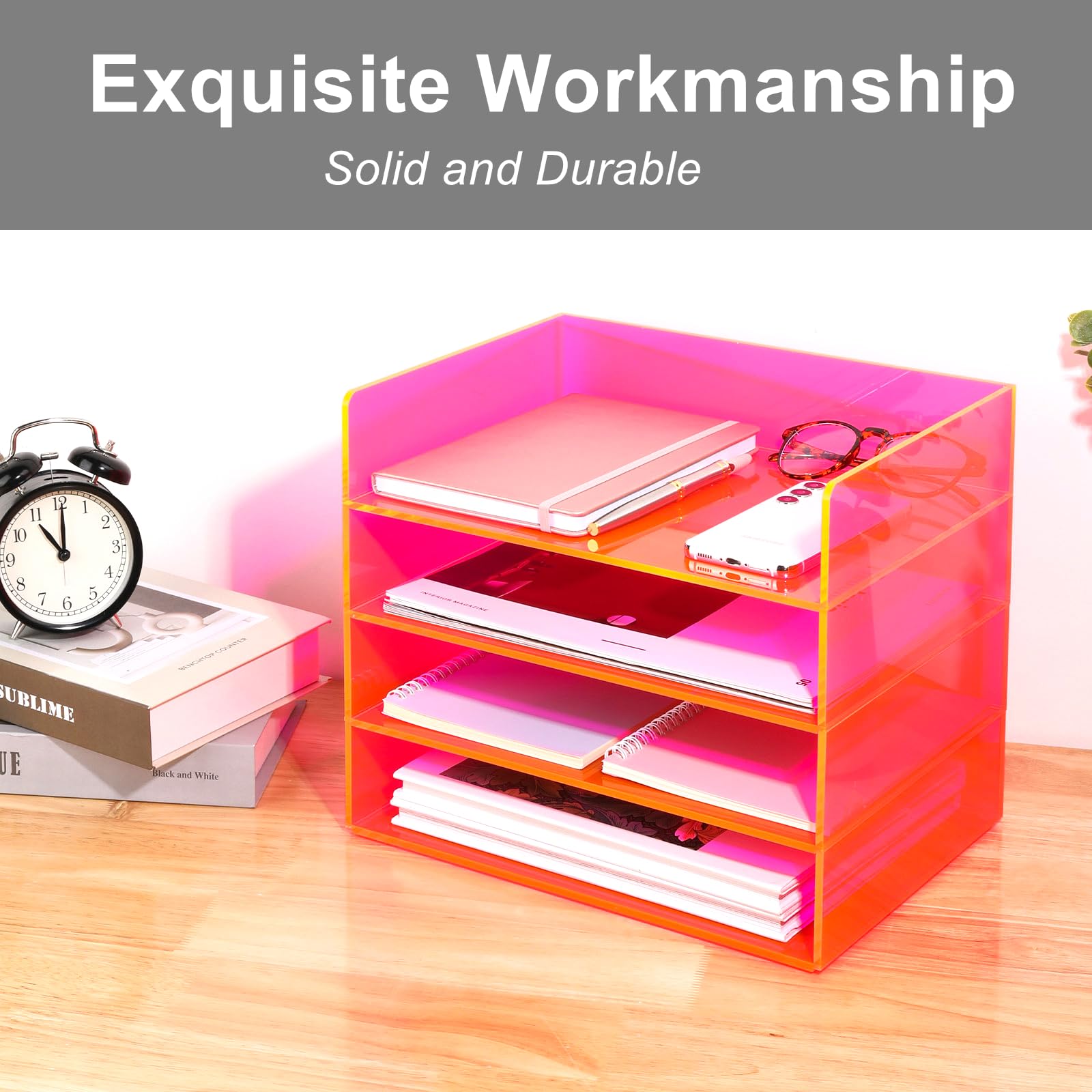 Gelite Organizador de archivos acrílico para escritorio, bandeja apilable de 4 niveles, bandeja de cartas, almacenamiento de papel de oficina, clasificador de documentos de escritorio, rosa neón