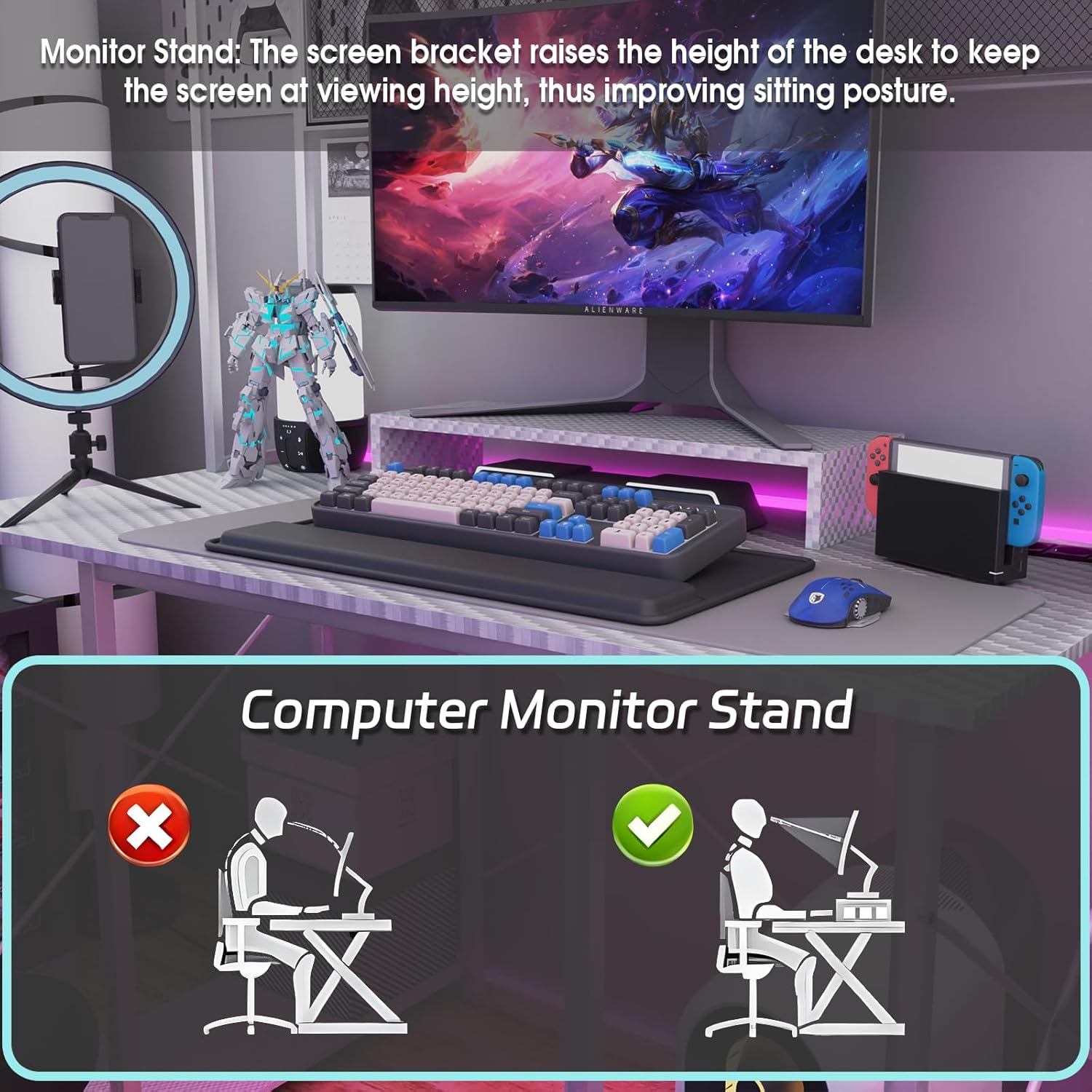 Diagram illustrating correct and incorrect monitor stand usage for ergonomics.