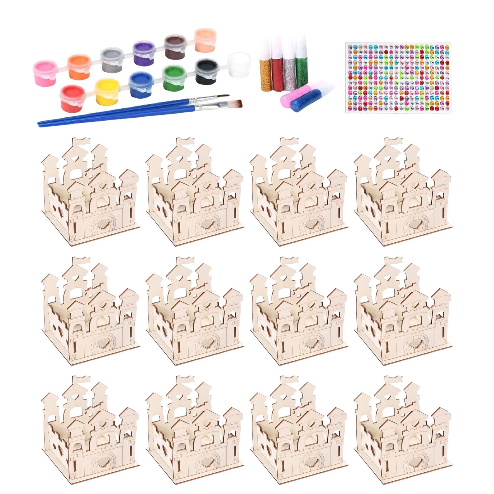12 Set DIY Wooden Castle Crafts for Kids, Unfinished Painting Crafts Set, 12 Colors Wooden Painting Cardboard Castle for Kids, Arts and Crafts Supplies for Birthday Party Favors (C)