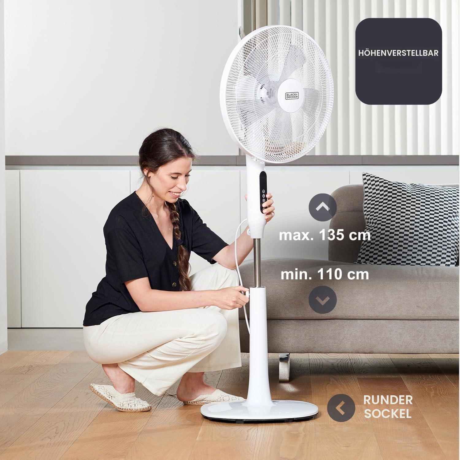 BLACK+DECKER - Standventilator 50 W | 3 Geschwindigkeiten | 3 Modi | Oszillierend | Höhe 110–115 cm | Touch-Bedienfeld | Fernbedienung | Timer 15 h | Runde Basis | Weiß