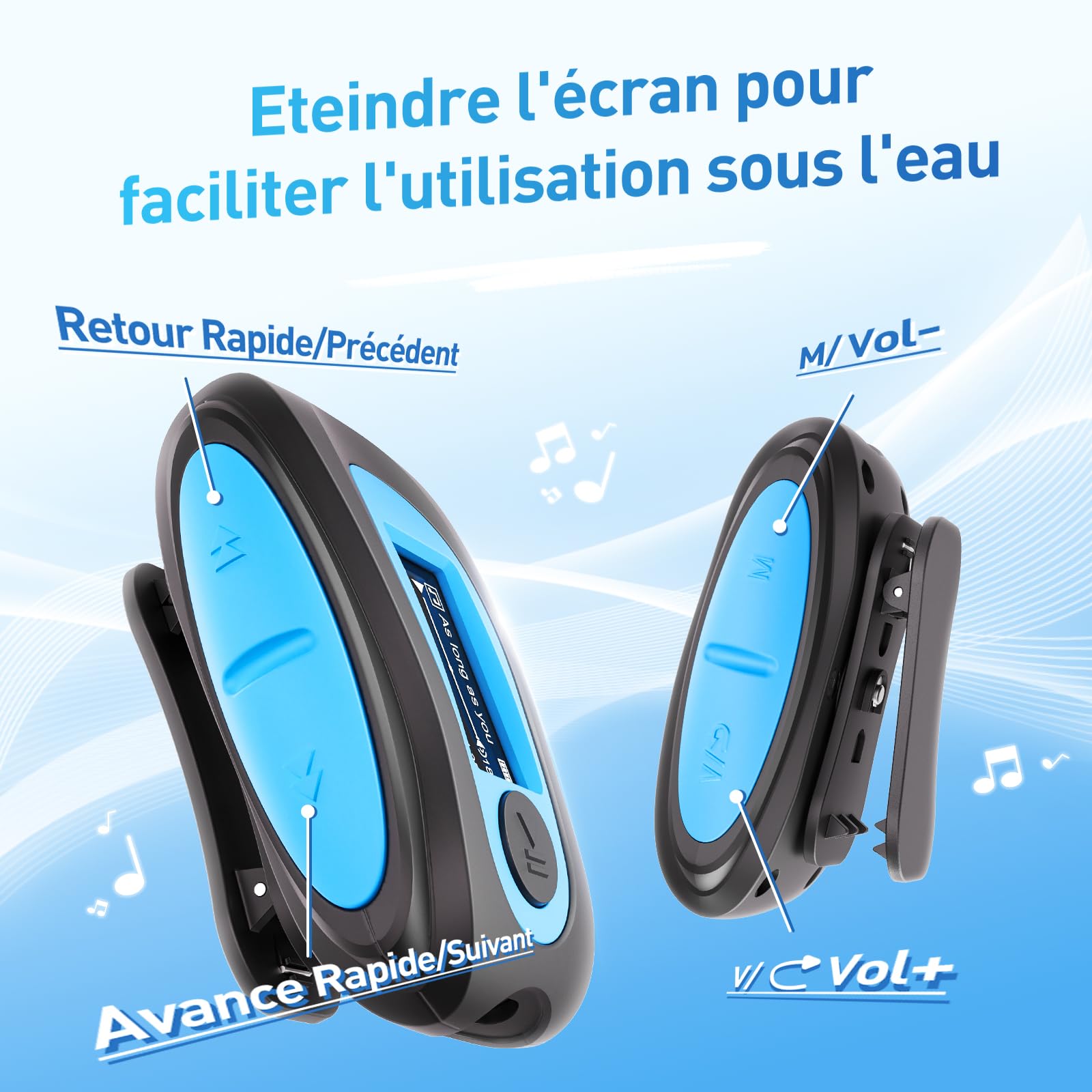 AGPTEK Mp3 Etanche IPX8 avec Clip Ecran Couleur, 8Go Lecteur avec Radio FM HiFi Lossless Baladeur Mp3 pour Natation (Piscine) et Sport, Casque Waterproof et Bouchons d'oreilles Inclus- S07 Bleu