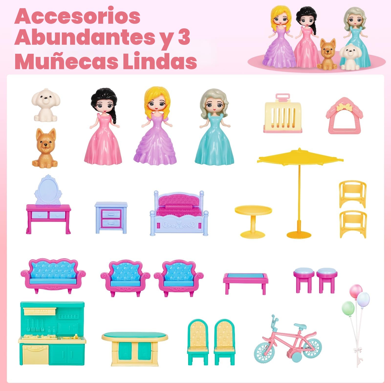 deAO Casa de Muñecas con 3 Princesas, Muebles y Accesorios, Villa Casa de Muñecas de Ensueño para Niñas, Pequeñas 4 Habitaciones, 1 Balcón, 1 Jardín, Regalo para Niñas de 3-8 Años (Naranja Brillante)