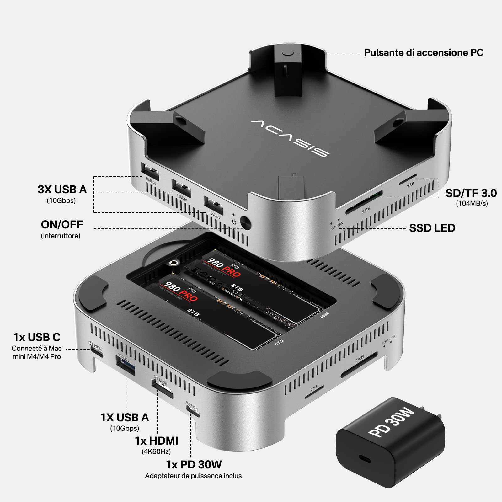 ACASIS 40Gbps Mac Mini M4 Dock & Stand with Dual-Bay NVMe SSD