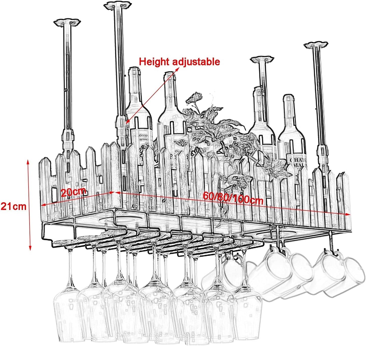 Ceiling Shelf Ceiling Mounted Wine Rack and Glass Holder, Adjustable Industrial Wine Glass Rack for Hanging, Storage Rack for Kitchen Bar Restaurant (Size : 60 * 20cm)