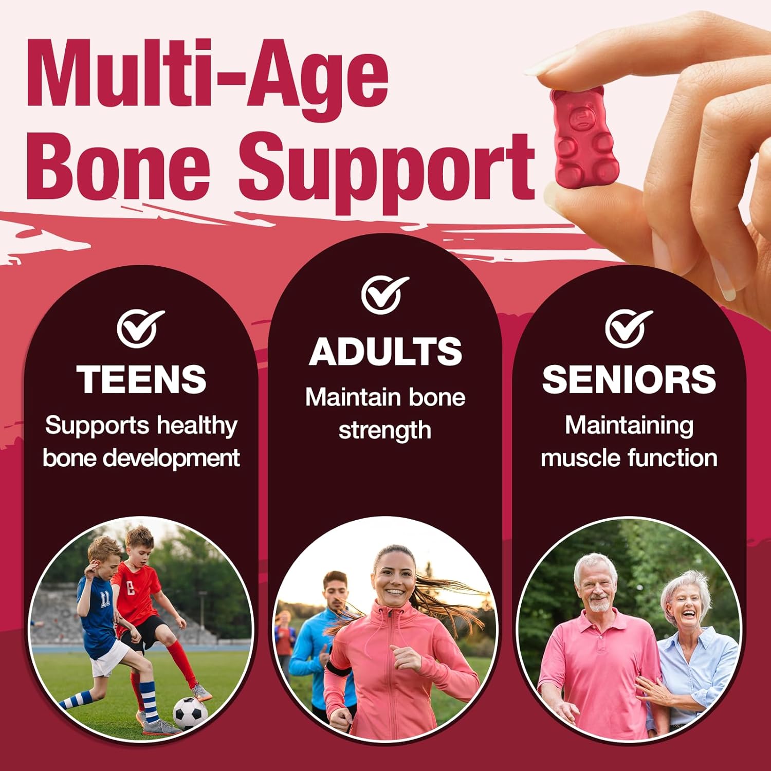 2 Pack Calcium Citrate Gummies 1200mg, Calcium Supplements for Women & Men, Calcium Gummies with Vitamin D3, K2, Magnesium, Zinc, Potassium, Muscle & Immune Support, Strawberry Flavor, 120 Count