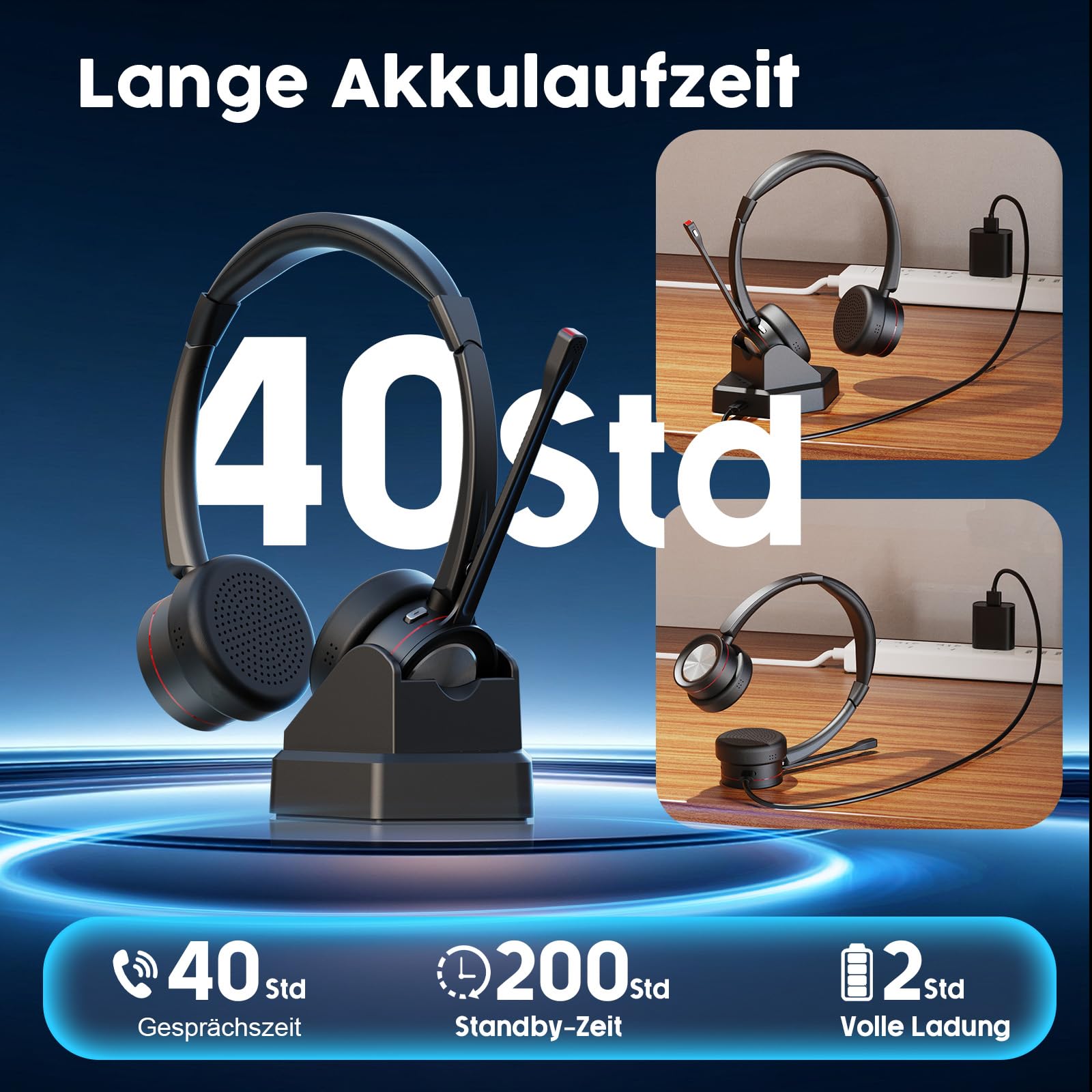 Bluetooth Headset mit Mikrofon Noise Canceling, Wireless Headset mit Ladestation & USB Dongle, Stummschaltung, 40 Stunden Anrufe, Kabellose PC Kopfhörer für Callcenter, Büro, Zoom, Teams