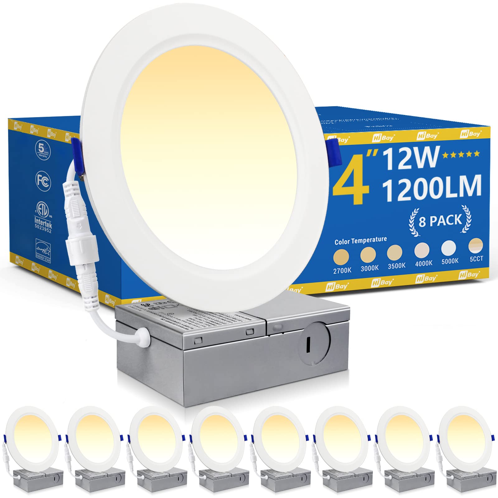 Buy 8 Pack 4 Inch Recessed Lighting with Junction Box, 1200lm 12W=150W