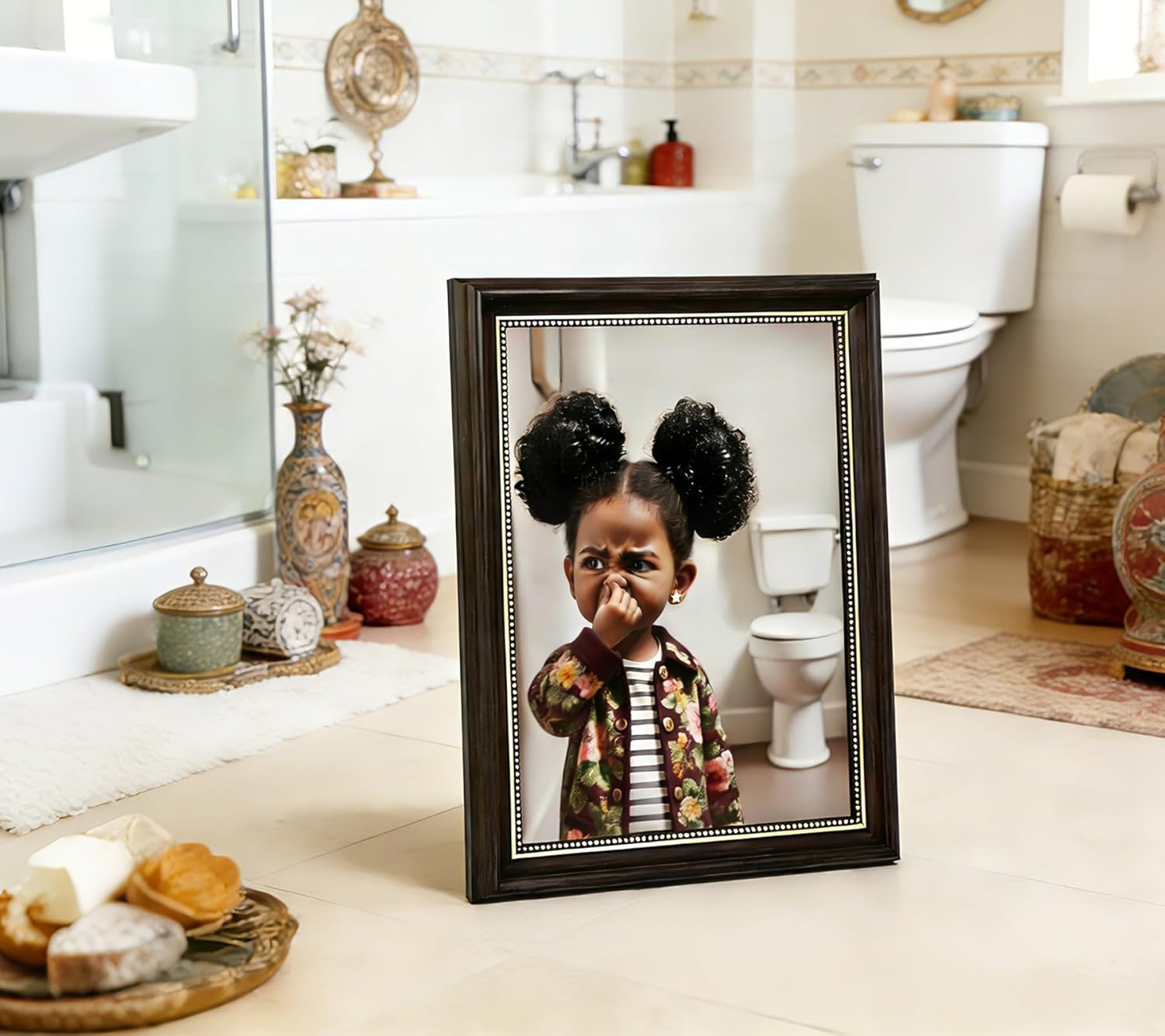 Black Gold Frame Canvas Wall Art Funny African American Girl Bathroom Painting Stank Face Pictures Wall Decor Black Girl Pinching Nose Poster Print for Toilet Bathroom Decoration 12x16