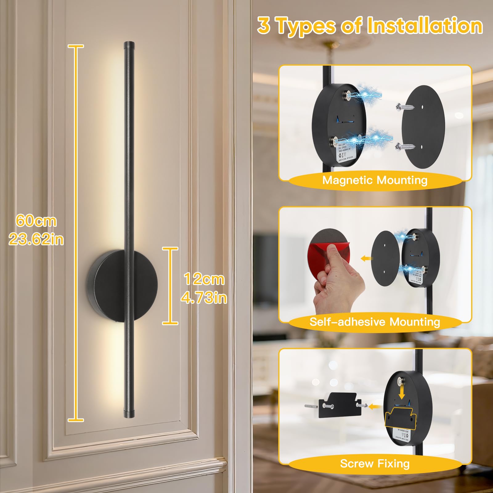 TaoFiaCo 60CM Appliques Murale LED Intérieure Noir Lot de 2 - Lampe Murale sans Fil 3 Températures de Couleur - Luminaire Mural à Batterie avec Télécommande pour Chambre à Coucher Salon Salle à Manger