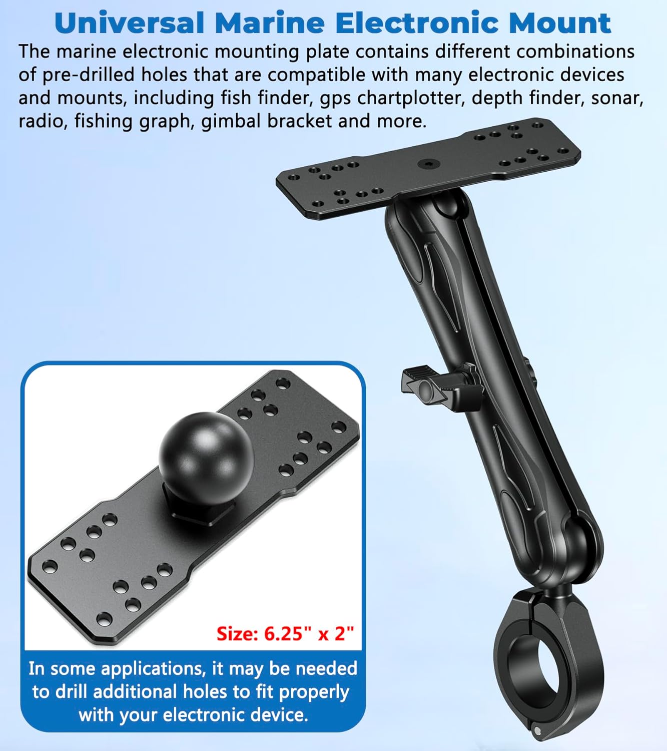 Aluminum Alloy 1.5" Ball Fish Finder Mount with Bar Clamp Base Fit 1.5'' 1.75'' 1.85'' 2'' 2.1'' Round Rail, 9.1" Long Arm Marine Electronic Mount for Garmin, Lowrance, Humminbird, Raymarine