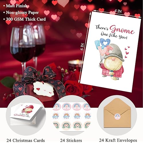 Miniatura 7 de Juego de tarjetas para el día de San Valentín de gnomos para niños, 24 tarjetas del día de San Valentín con sobres, tarjetas de San Valentín
