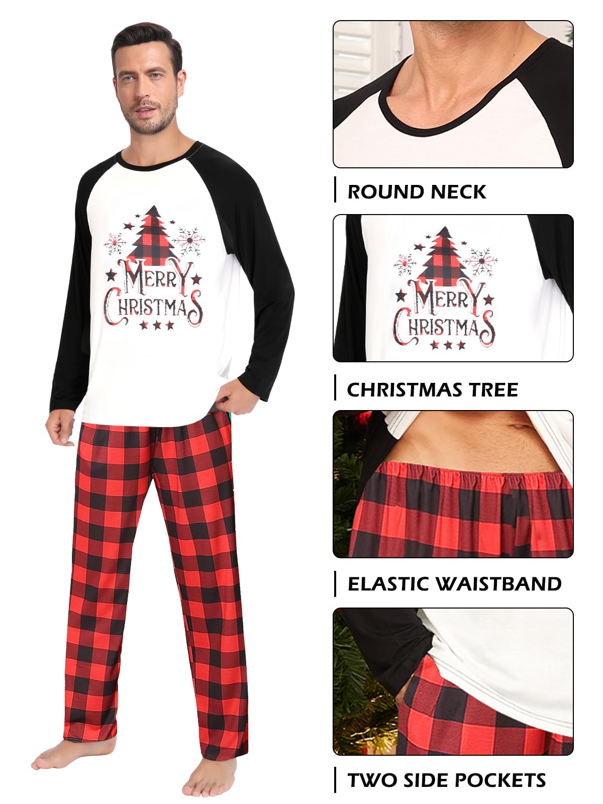 Pijamas de Navidad para parejas, hombres y mujeres, pijamas de manga larga a cuadros navideños estampados con bolsillos