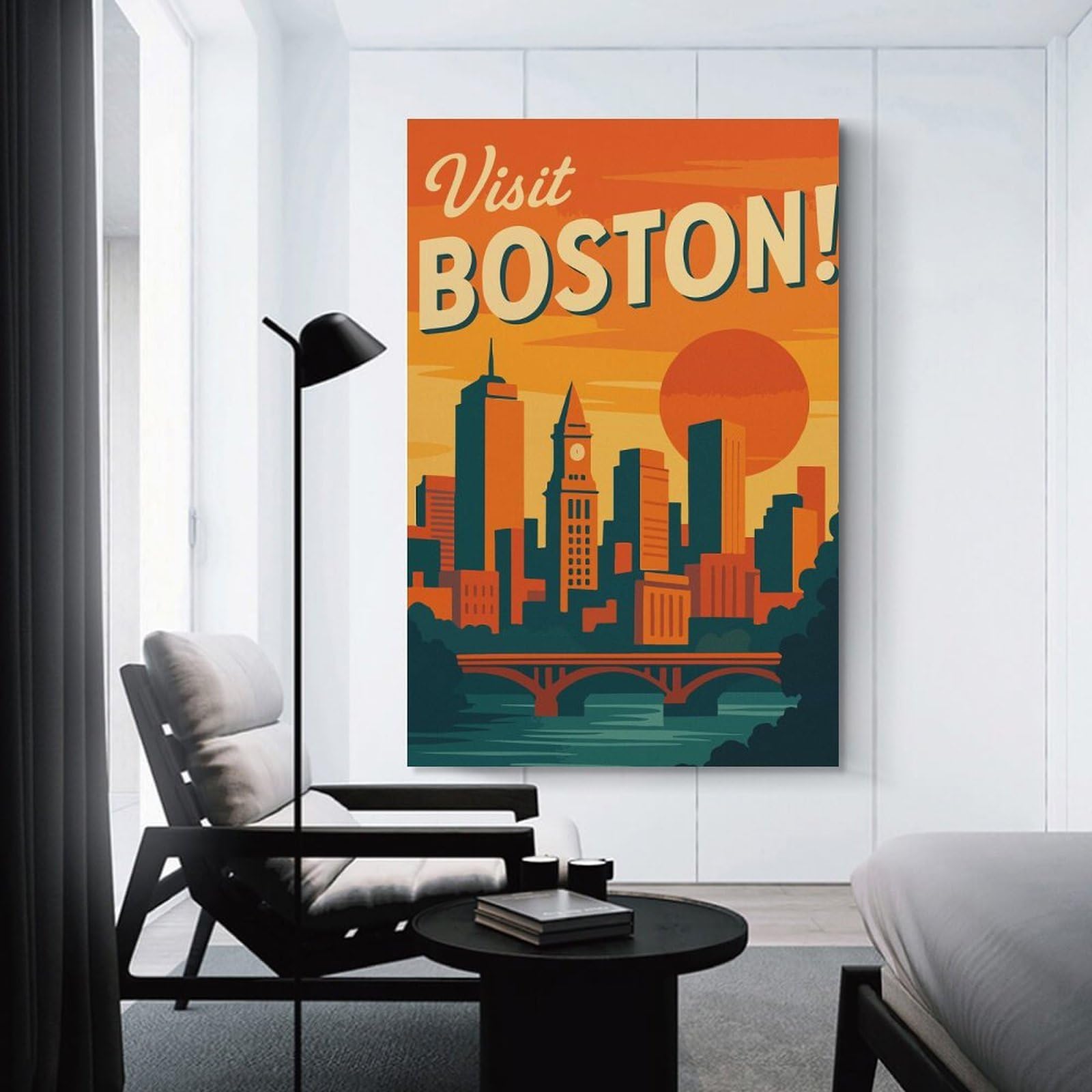 Junmoney Boston Vintage Travel Canvas Wall Decor, 08x12inch(20x30cm), for New Homes, Bedrooms Or Workspaces, Gift Idea for Housewarming And Birthdays