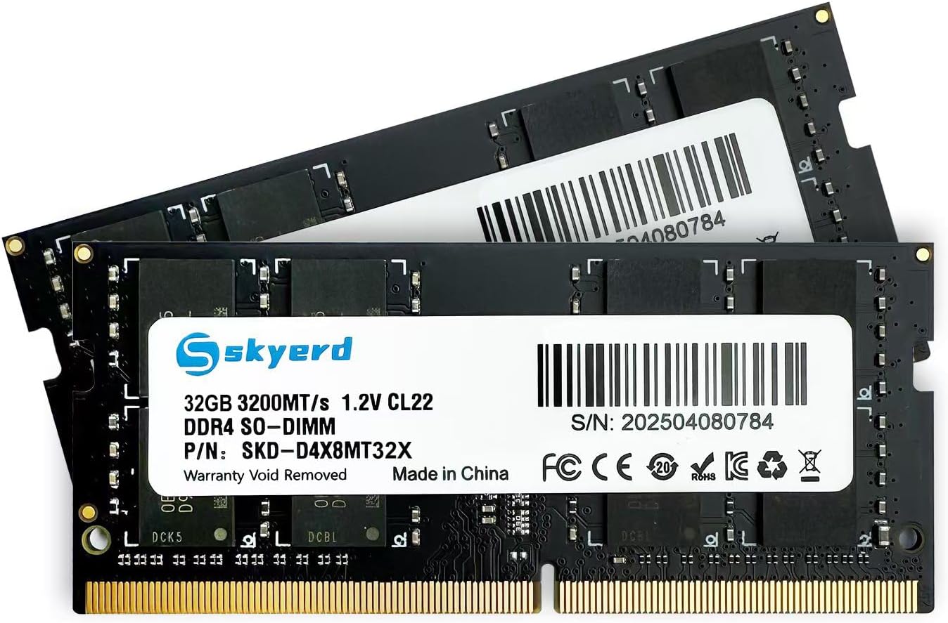 Skyerd DDR4 64GB Kit RAM (2x32GB) 1RX8 3200MHz(2933MHz or 2666MHz) PC4-25600 (PC4-23400, 21300) CL22 Unbuffered Non-ECC 1.2V SODIMM 260 Pin for Notebook Laptop AIO Memory Upgrade