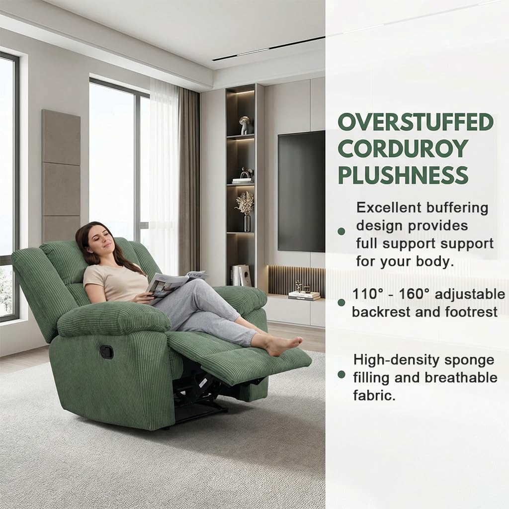 Manual Recliner Sofa Set,Corduroy Reclining Couch Set,Modern Living Room Furniture Set,Reclining Sofa Couch Chair for Living Room Home Office(Green,3 Pieces Set)