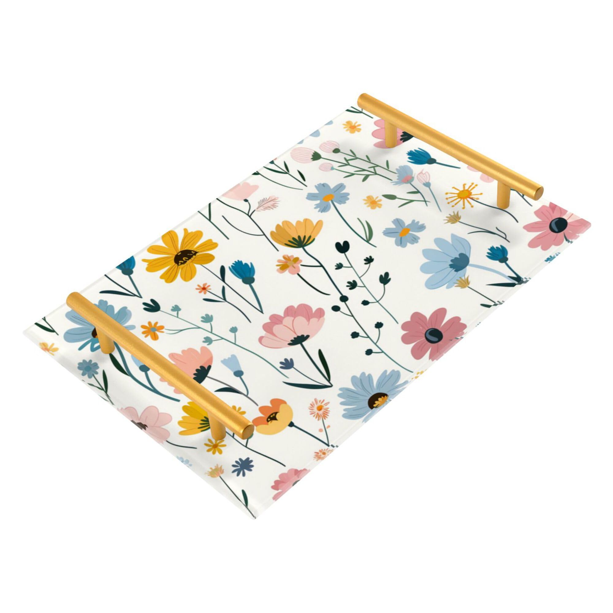 Bathroom Vanity Tray Counter Organizer, Cute Little Spring Blue Flowers Decorative Tray with Handles Countertop Storage for Bathroom Bedroom Kitchen Home Farmhouse