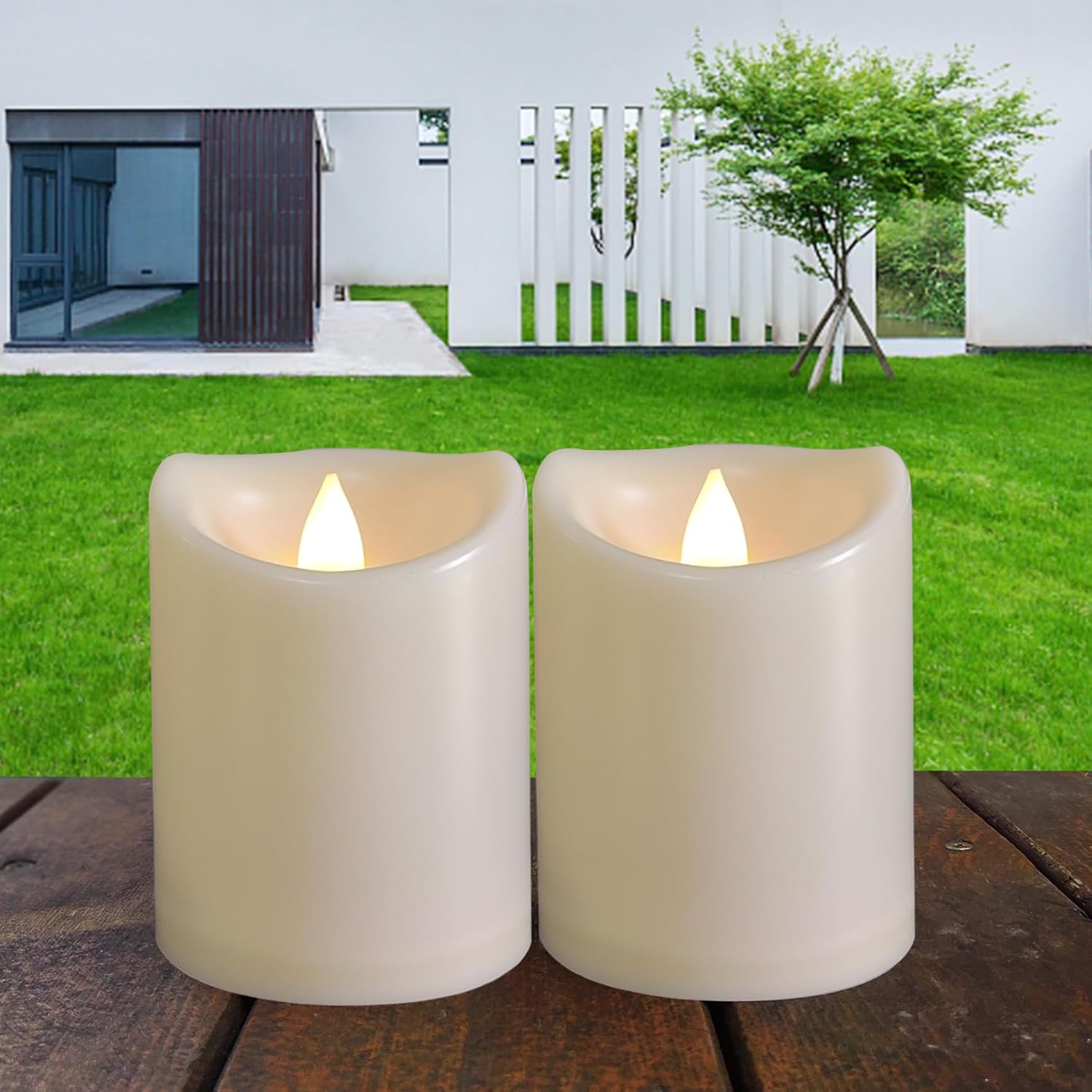 2 Pack Outdoor Battery Operated Candles with Timer (3x4 Inch) Waterproof Flameless Flickering Pillar Candles Plastic LED Fake Candle for Halloween Christmas Decoration Outside Lantern Festival Decor