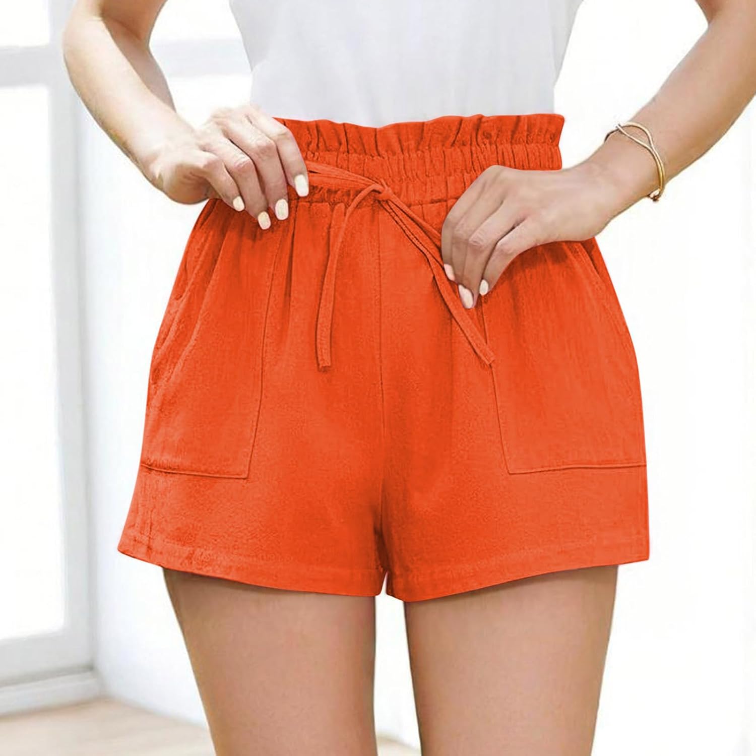 Shorts for Women Solid Drawstring Elastic High Waist Wide Leg Short Pants Summer Casual Beach Bottoms with Pockets