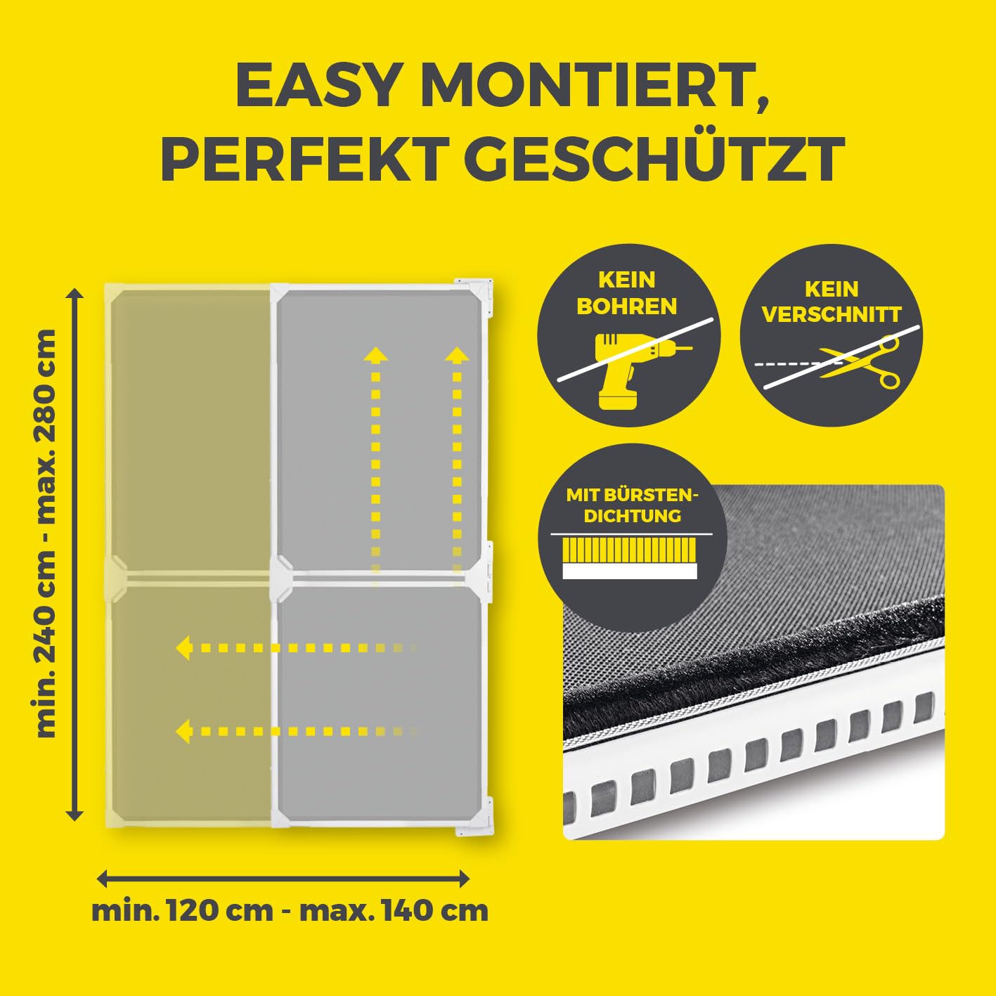 EASYmaxx Insect Protect Fliegengitter Balkontür | Teleskop Fliegengitter Tür mit integriertem Netz | Insektenschutz Balkontür ohne Zuschneiden | Ohne Bohren | max. ca. 122 x 285 cm