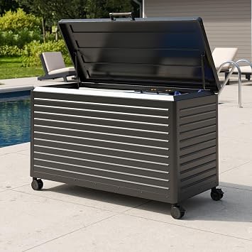 MIRADOR 134 Gallon Outdoor Storage Box with Wheels & Soft-Close Lid, Waterproof Metal Deck Box for Patio Cushions, Garden Tools & Pool Accessories, Charcoal