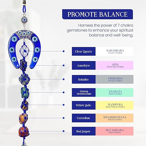Miniatura 2 de LUCKBOOSTIUM Herradura de mal de ojo con borlas colgantes de 7 chakras y piedras preciosas  Llavero con dije de buena suerte, felicidad y