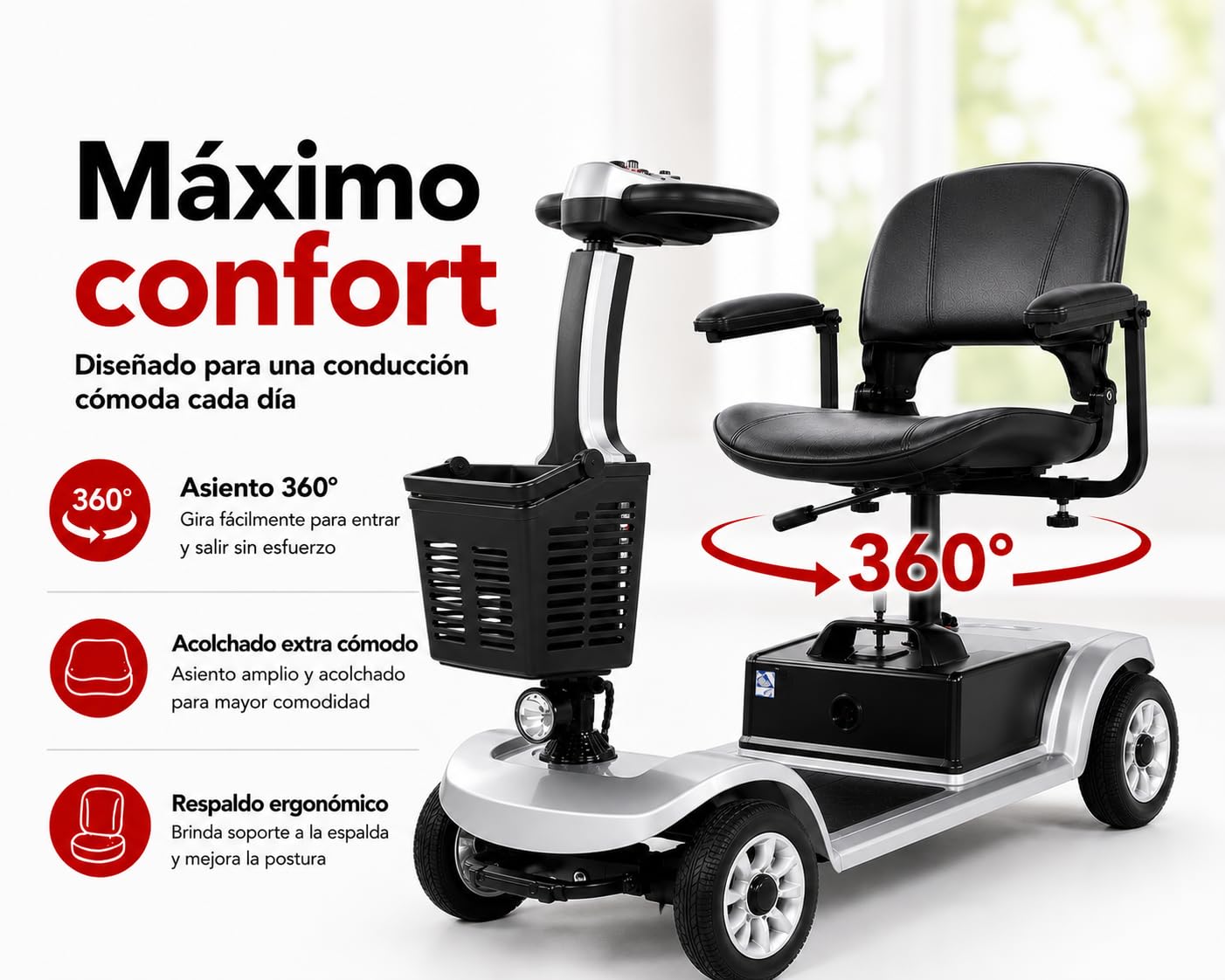 Scooter de Movilidad Plegable 4 Ruedas 35 km Plata | Autonomía de hasta 35 km, capacidad máxima de 190 kg y asiento giratorio cómodo.