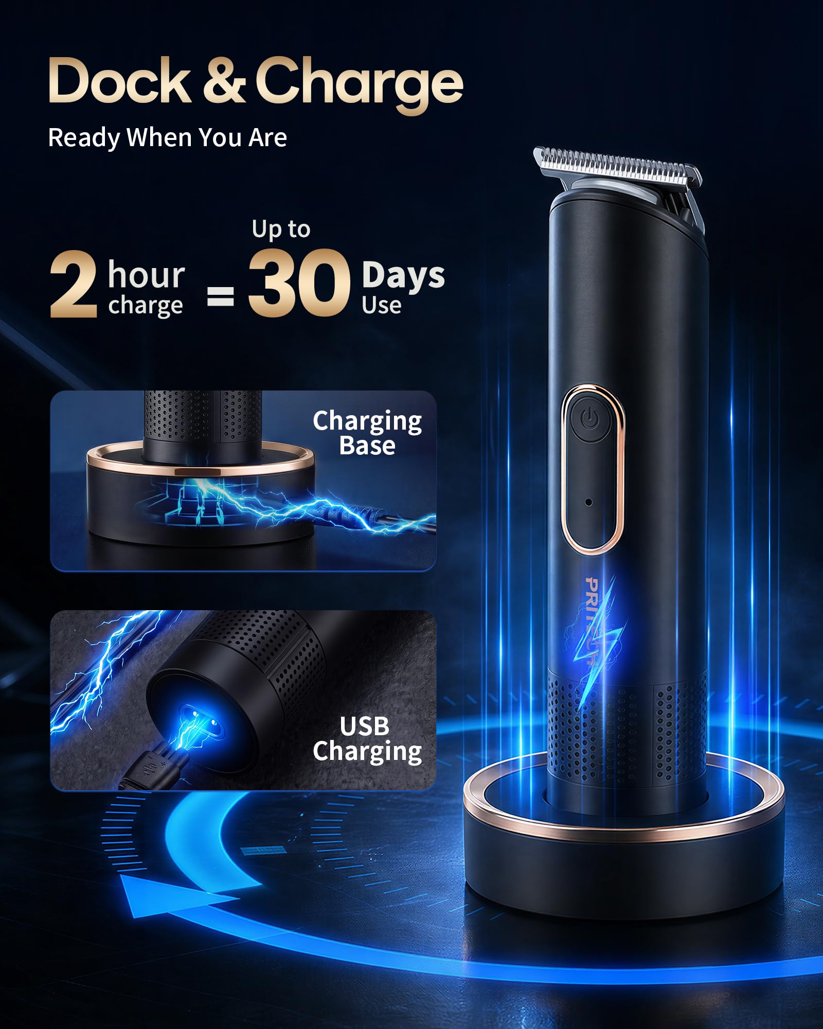 PRITECH Beard Trimmer for Men, Rechargeable Shavers, Electric Razor for Men, Waterproof Groin Hair Trimmer Body Trimmer, Pubic Hair Trimmer with Standing Recharge Dock(Black) 3