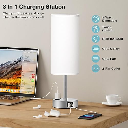 Miniatura 3 de Fenmzee Lámpara de mesa blanca táctil para dormitorio, lámpara de noche regulable de 3 vías, puertos de carga USB C A y salida de CA, lámpara