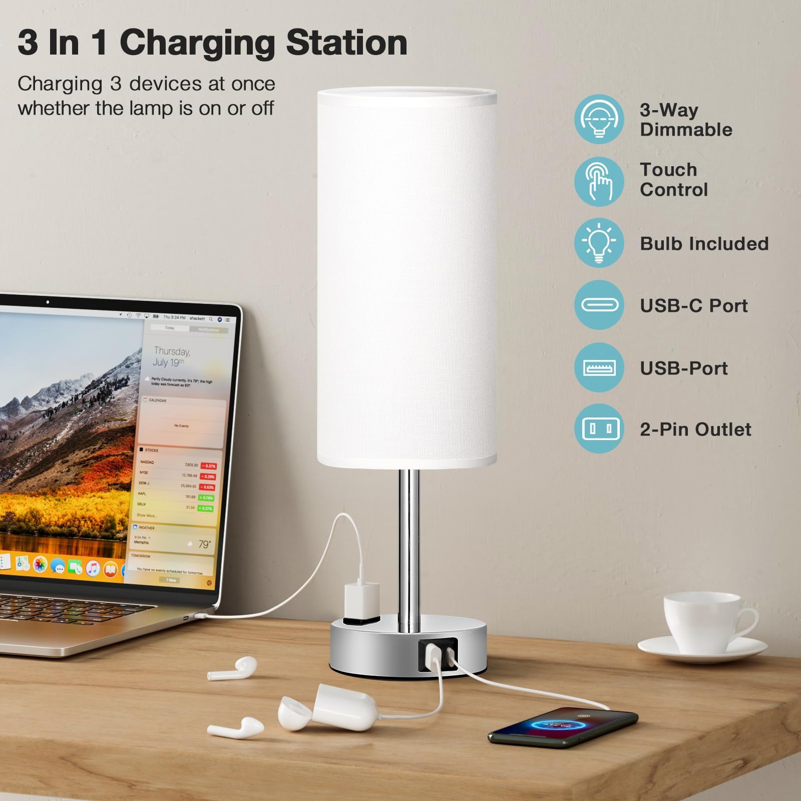 TAIKOUL 2pcs Lámparas de Mesa con Control Táctil,Lámparas de Escritorio,Luz de Noche para Niños 3 Temperaturas de Color