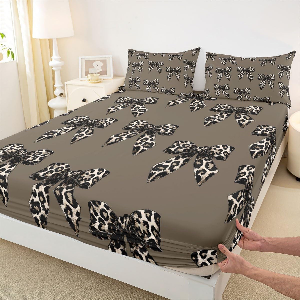 Erosebridal Leopard Print Bowknot Full Bed Sheets for Women, Coquette Bow Fitted Sheet for Young Women, Modern Trendy Chic Bows Bedding Set, Aesthetic Cheetah Bows Sheets