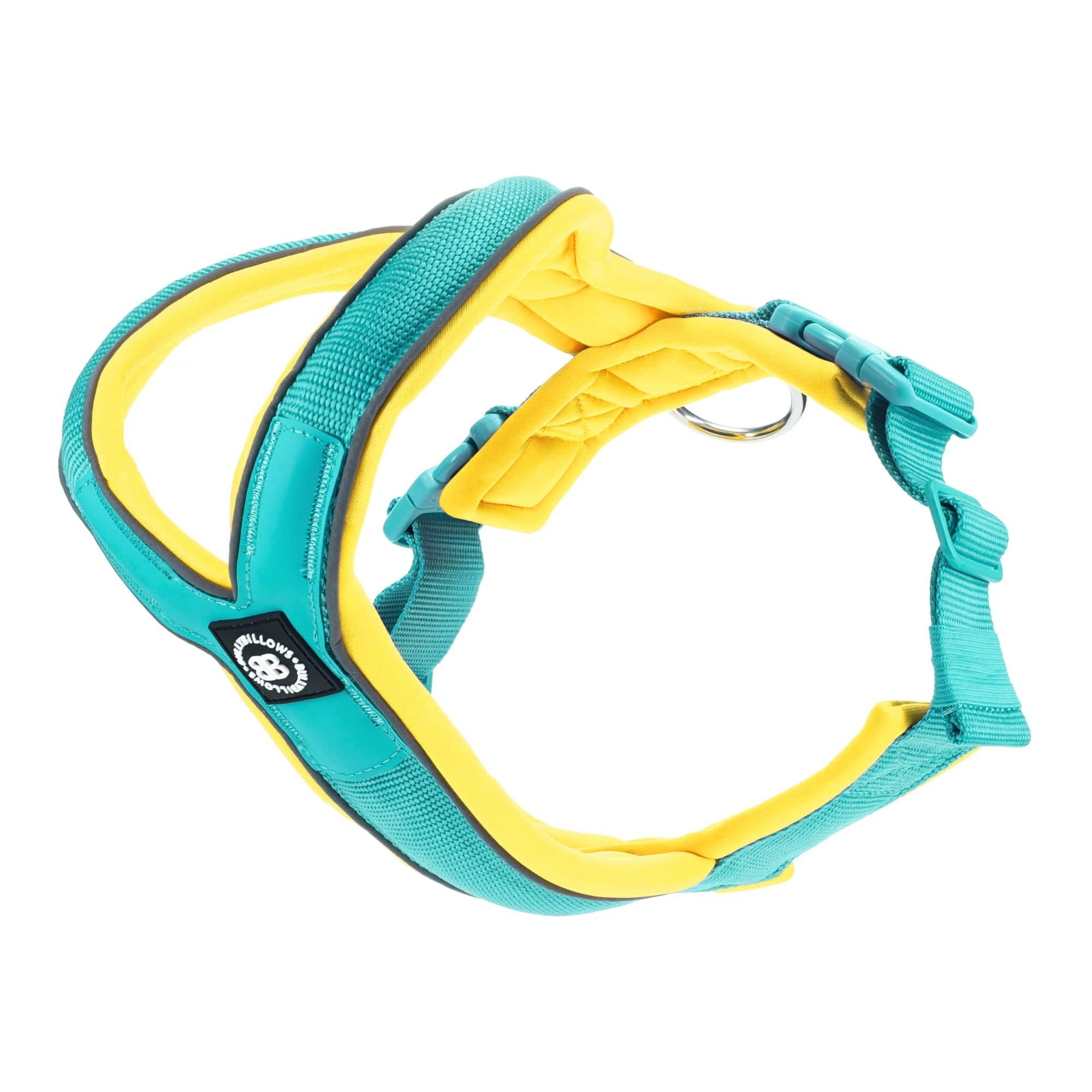 BullyBillows Slip-On Dog Harness - Foam Padded, Neoprene-Lined, Adjustable, Non-Restrictive Y-Shape with Reflective Strips & Stainless Steel D-Loop |Turquoise-Yellow | Medium