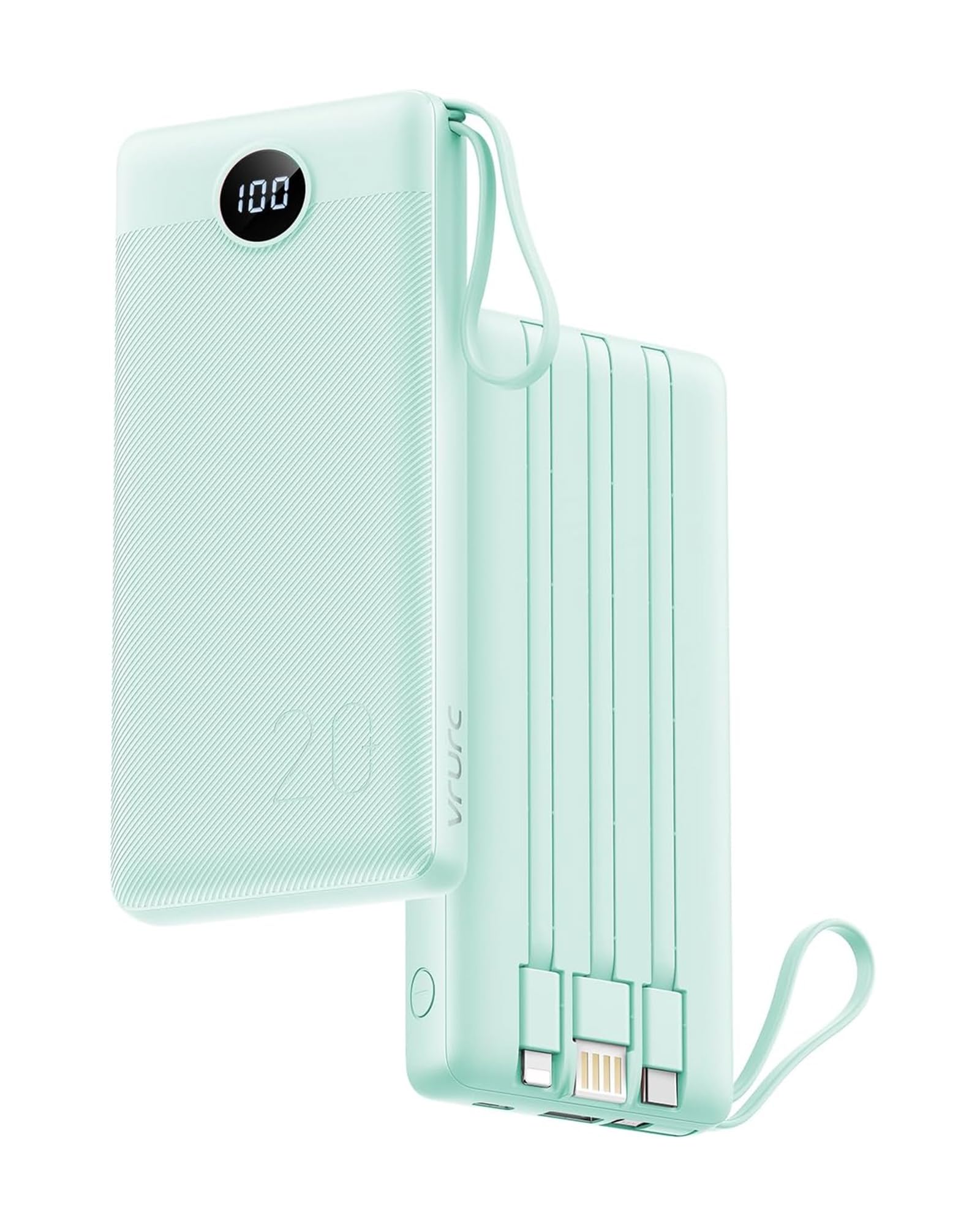 VRURC Caricatore Portatile 20000mAh, Power Bank Ricarica Rapida con Display LED, 4 Uscite 2 Ingressi USB C Cavi Integrati per iPhone 15/14/13/12/Pro/11, Android ecc-Verde