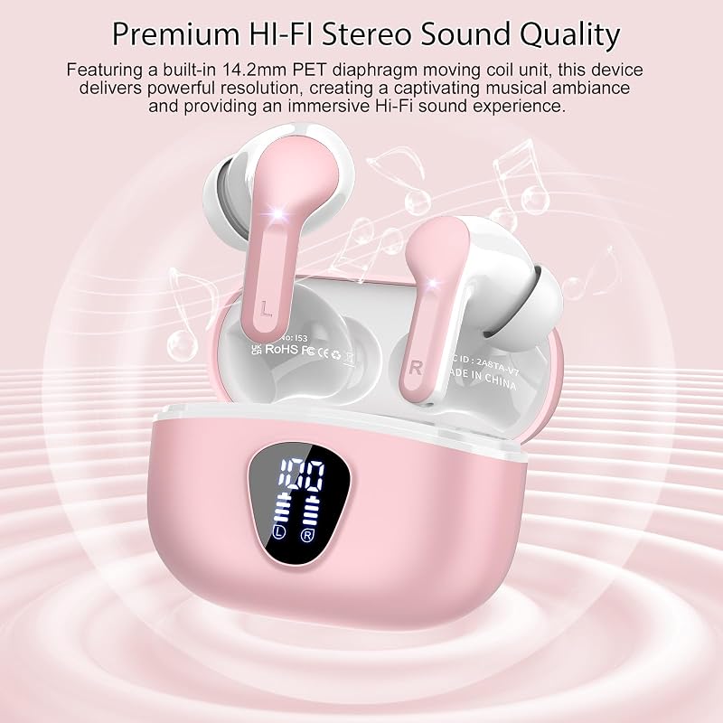 Wireless Earbuds, Bluetooth 5.4 Headphones HiFi Stereo, Bluetooth Earbuds | With ENC Noise Cancelling Mic, IP7 Waterproof in Ear Earphones, 48H, LED Display Ear Buds for Pad Phones Workout Sports, Pink image 5