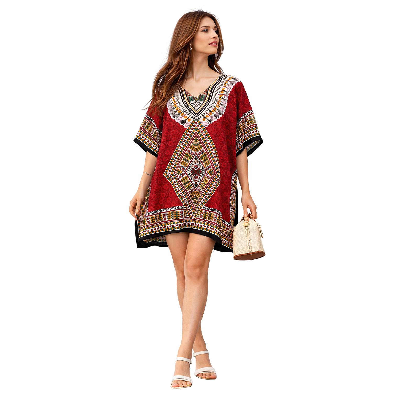 Miss Lavish London Short Tribal Red Kaftan for Women, African Dashiki Print V Neck Caftan Dress Plus Size Beach Cover Up Tunic Top, Oversized Swimsuit Coverup Resort & Beachwear with Pockets - XL