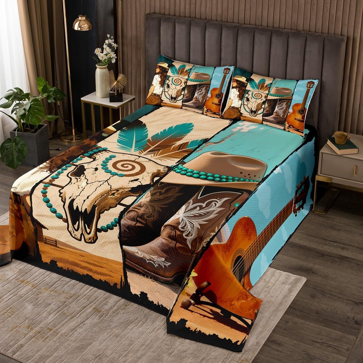 Castle Fairy Boho Aztec Quilt Set for Kids Boys Girls,Western Cowboys Desert Bedspread,Bohemia Exotic Bed Cover Brown Orange Blue Bedding Set Decorative Quilted Coverlet,King Size