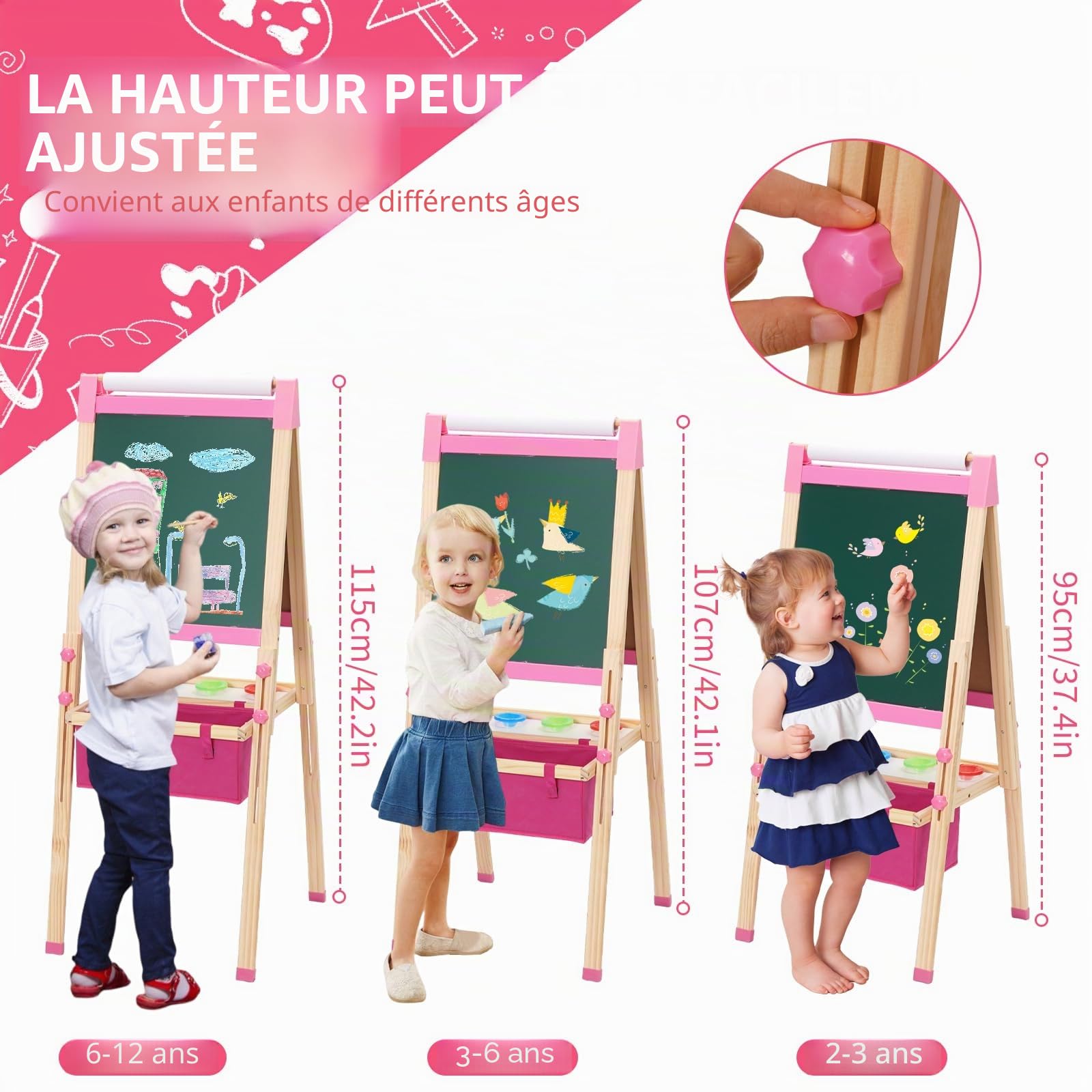 3 en 1 Chevalet Enfant avec Rouleau de Papier, Rangement et Kit de Dessin, Tableau Double Face Enfant, Tableau de Griffonnage pour Kids, Planche à Dessin pour Enfants à partir de 4 ans