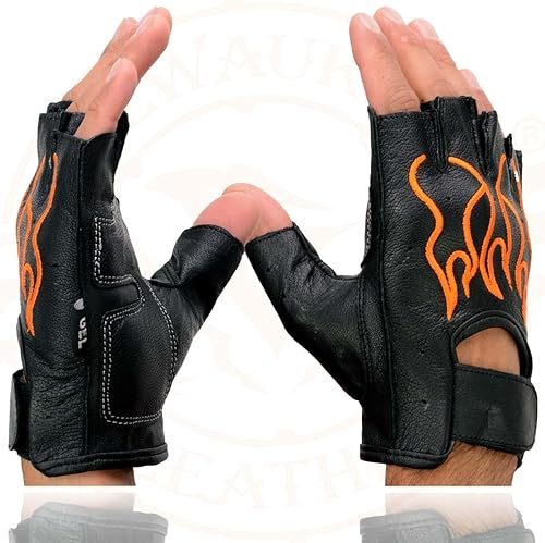 Miniatura 10 de Milwaukee Leather SH198 - Guantes de motocicleta sin dedos acolchados de gel de cuero negro para hombre con bordado de llama naranja