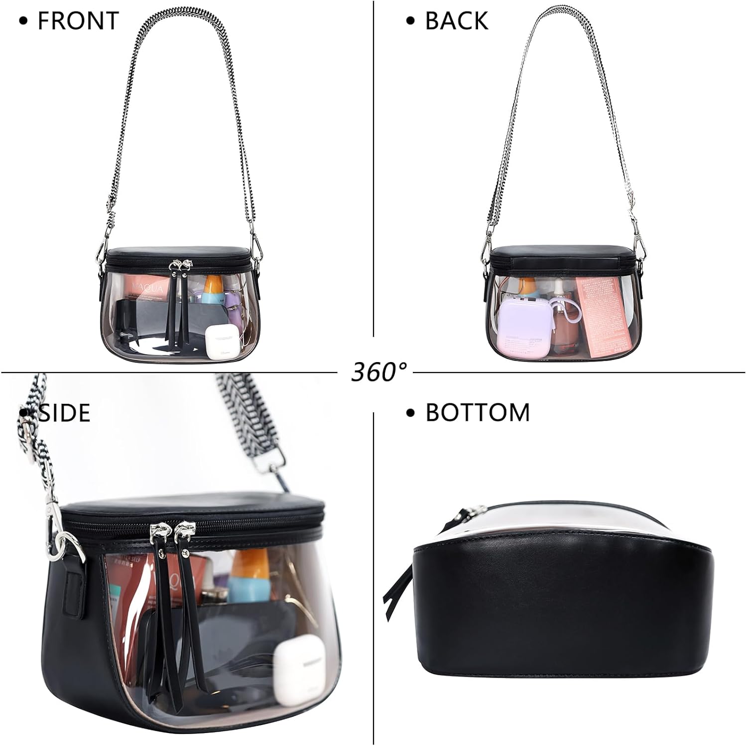 Clear Makeup Bag Travel Organizer, Transparent Waterproof Toiletry Case with Zipper, Portable Cosmetic Bag for Women，clear bag for stadium events (BLACK)