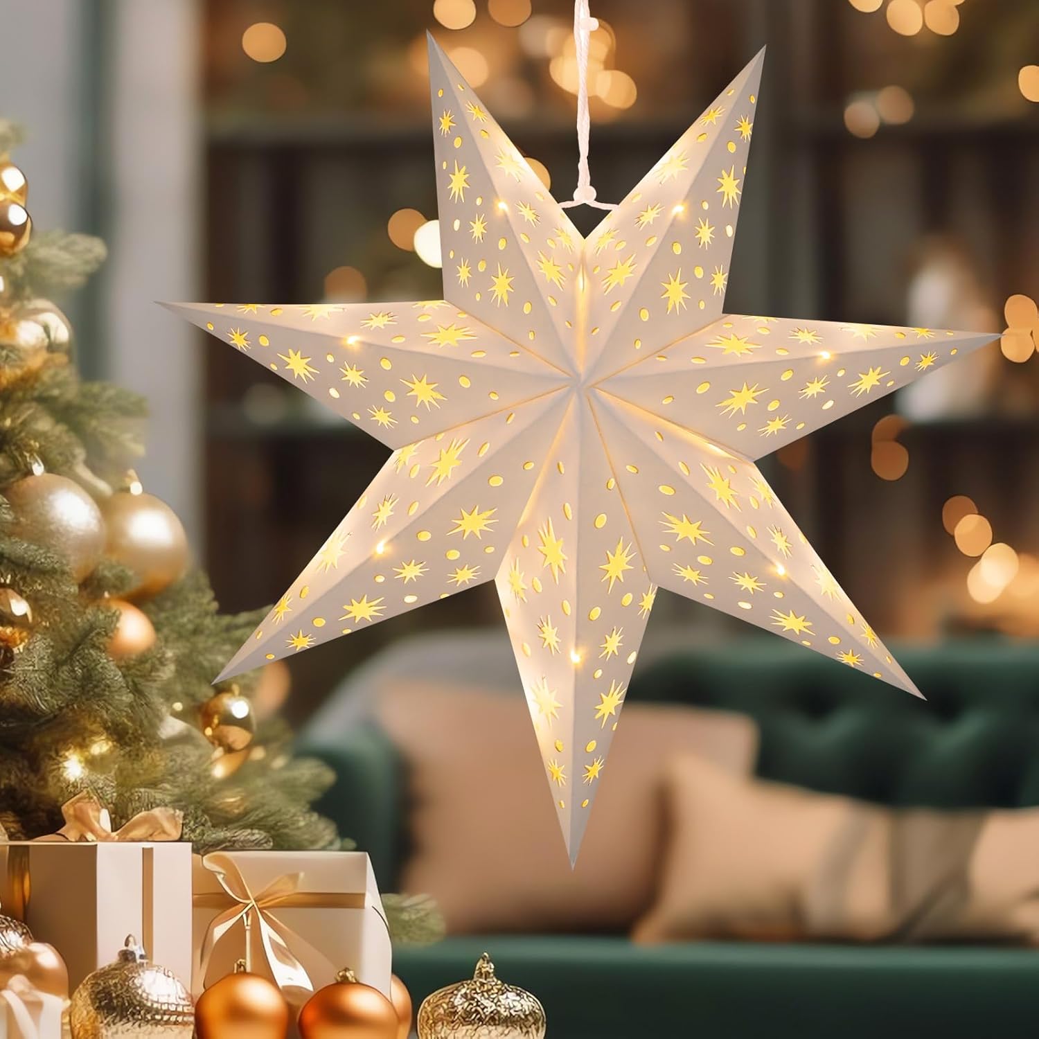 Christmas Paper Star Lantern Lampshade Diwali Lantern 19.7 Inch 7 Pointed Star Hanging Ornament Paper Lanterns Shade for Weddings Holiday Birthday Home Decor (Not Included Light)