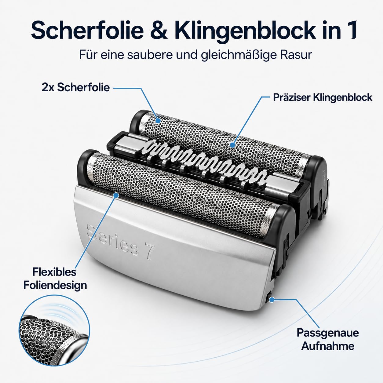 70S Scherkopf Ersatz Kompatibel mit Braun Series 7 Rasierer 720 720s 730 760cc 765cc 790cc 795cc 7840s 7893s, Scherfolie & Klingenblock, Rasierkopf Herren Ersatz Silber, 1 Stück