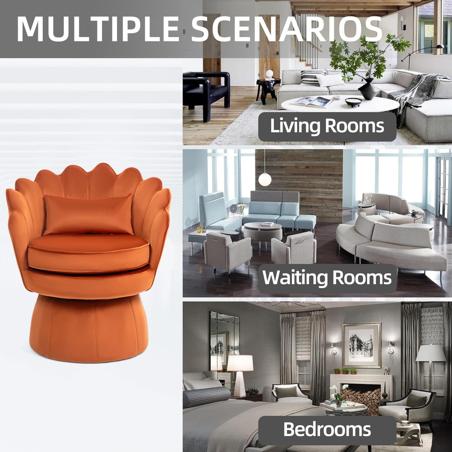 Swivel Barrel Chairs Set of 2, Small Accent Armchair, Orange Velvet Upholstered, Mid-Century Modern Style, for Living Room/Bedroom/Waiting Room, for Relaxing & Reading, Pillow Included